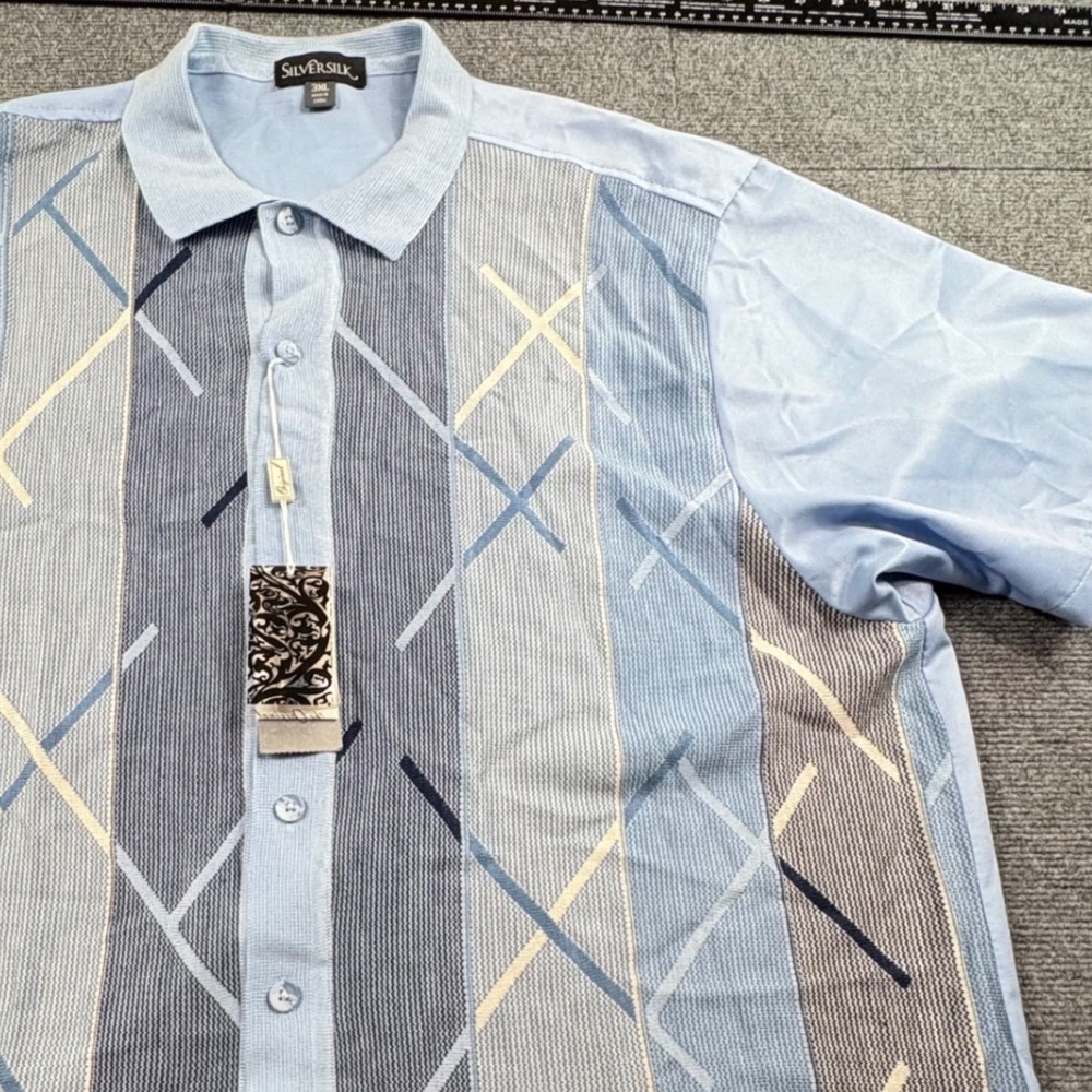 Silver Silk Mens 3XL Blue Geometric Knit Button Down Short Sleeve Shirt NWT